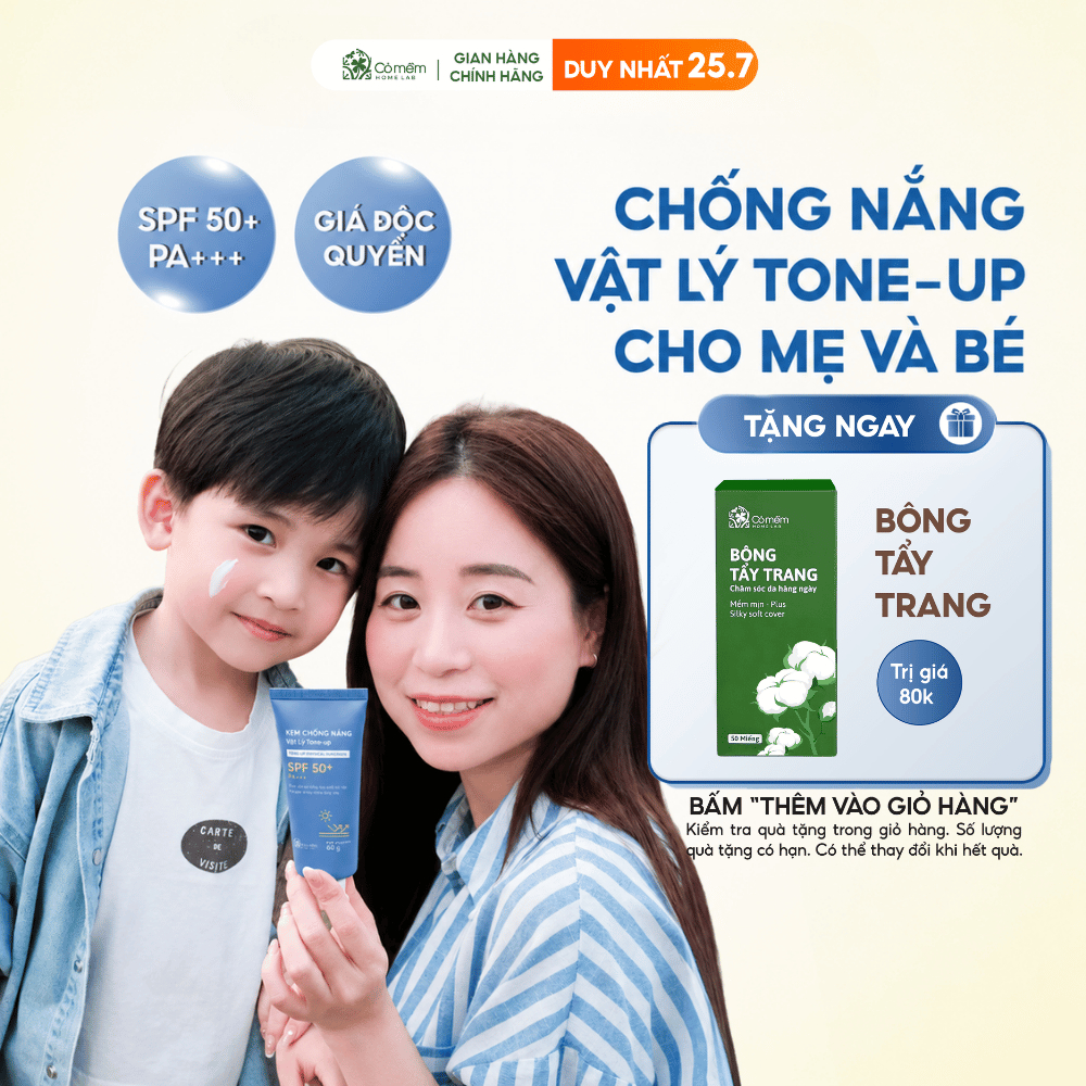 Kem Chống Nắng Nâng Tone Vật Lý Tone Up SPF50+ PA+++ Tone Up Cho Mẹ Và Bé Cỏ Mềm 60gr