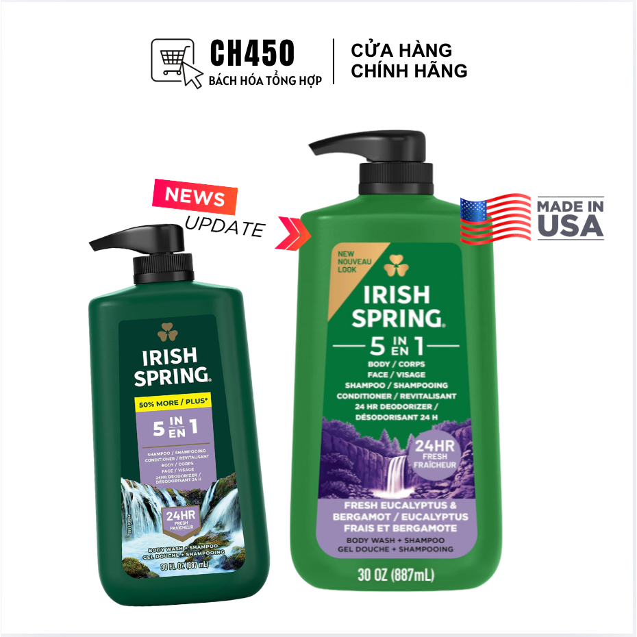 Sữa Tắm Gội Toàn Thân Irish Spring 5in1 Hair & Body Wash 24H Fresh Hương Nam Tính 887ml Chính Hãng U