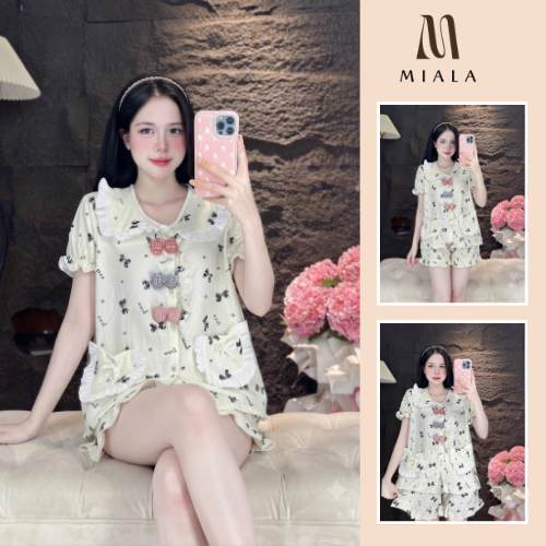 Set Đồ Ngủ Nữ MIALA Nơ Đen Tiểu Thư  Pijama Cổ Bèo, Đũi Mát, Siêu Xinh