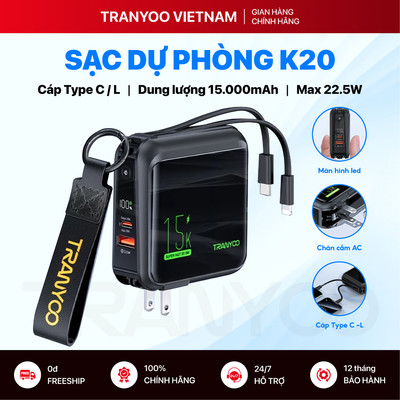 Pin Sạc Dự Phòng TRANYOO T-K20 15000mAh Kiêm Củ Sạc Nhanh 22.5W Sạc Cùng Lúc 4 Thiết Bị