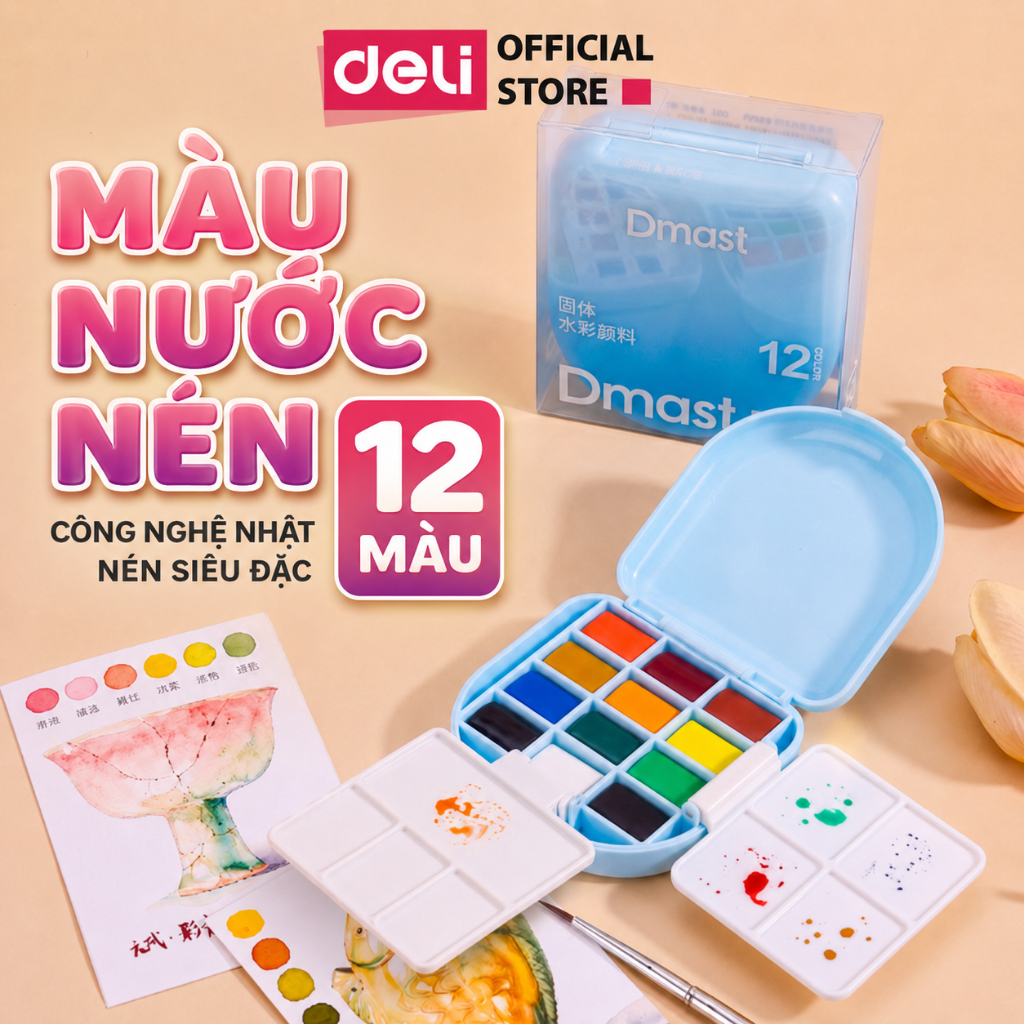 [HỌA CỤ DELI] Set 12 Màu Nước Nén Deli Dmast  Hộp Màu Nước Bỏ Túi Mini Cho Học Sinh, Họa Sĩ
