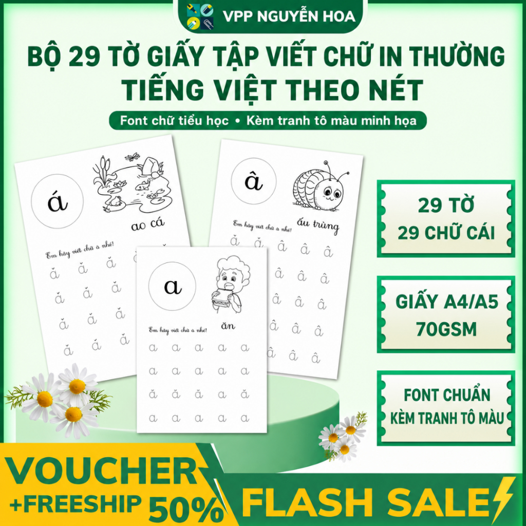 Bộ 29 Tờ Giấy Tập Viết Chữ In Thường Tiếng Việt Theo Nét - Font Chữ Tiểu Học - Tranh Tô Màu