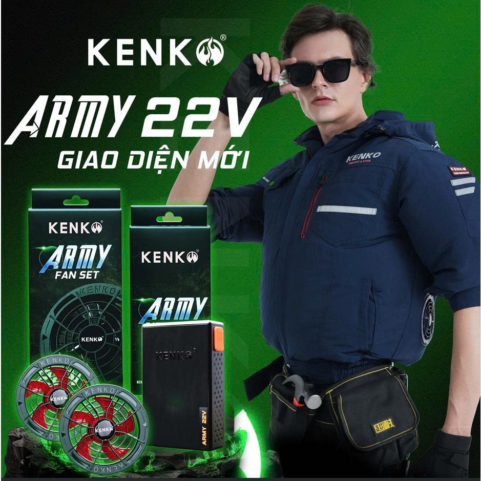 Bộ áo điều hòa gắn quạt KENKO 22V ARMY, quạt không chổi than,gió mạnh,pin cao áp,BH 12 tháng