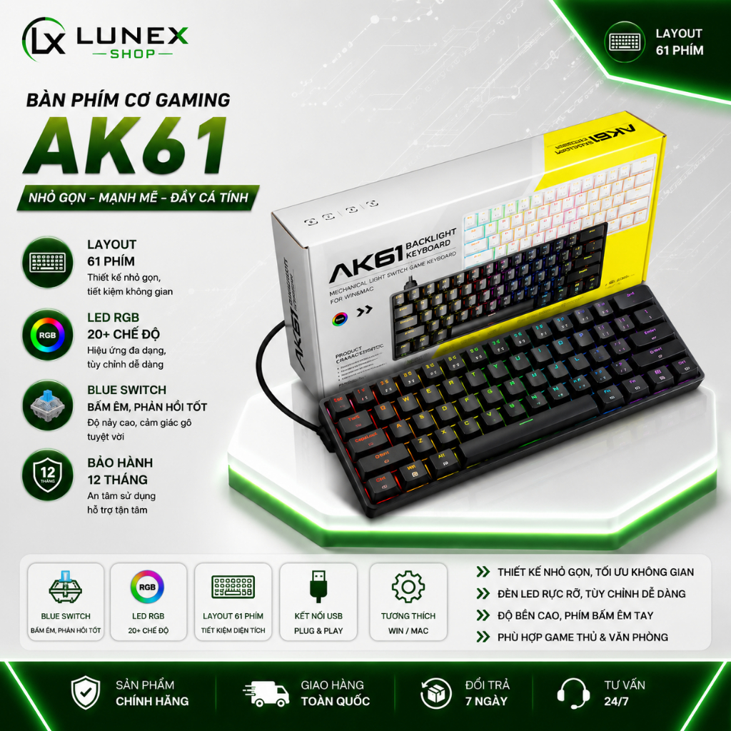 Bàn Phím Cơ Gaming AK61, Layout 61 phím, Led RGB 20+ chế độ, Blue Switch , BH 12 Tháng