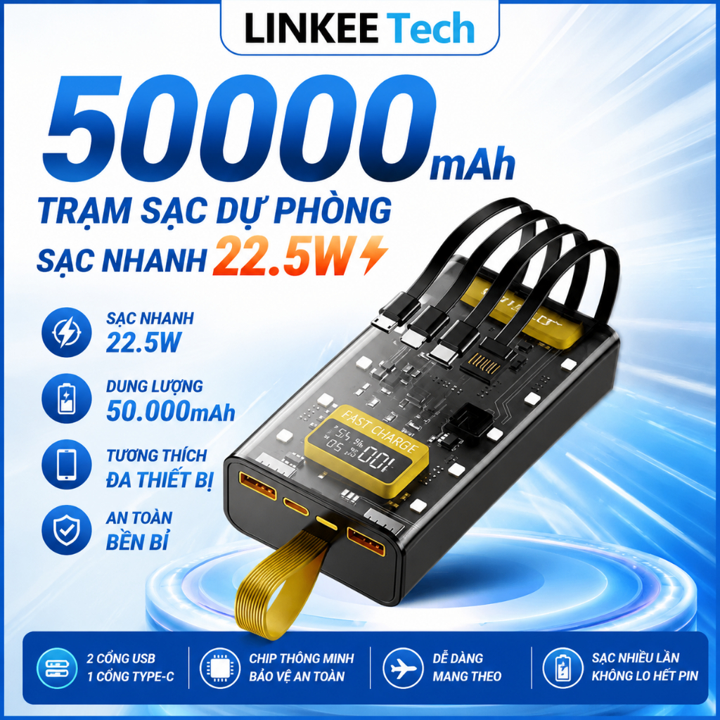 Sạc Dự Phòng Trong Suốt 30000 Với 2 Cổng Sạc Nhanh 22.5w và 20W Kèm 4 Đầu Sạc Màn Hình LED dùng cho nhiều dòng đt