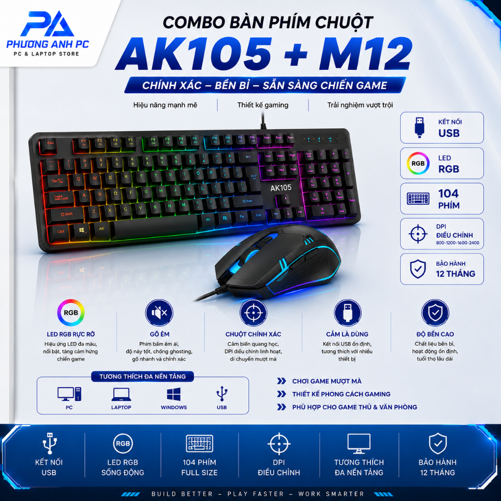 COMBO BÀN PHÍM AK105 LED RGB + CHUỘT GAMING M12 CÓ DÂY USB PhuongAnh.PC