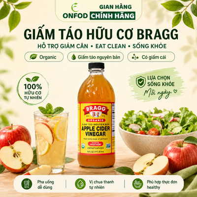 Giấm táo hữu cơ giảm cân Bragg ONFOD dấm táo nhập khẩu mỹ có dấm cái chai 473ml