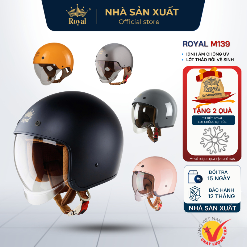 [NHÀ SẢN XUẤT] Mũ Bảo Hiểm Royal M139 Kính Âm Chống UV - Nón Bảo Hiểm Nửa Đầu M239 Tháo Lót Vệ Sinh