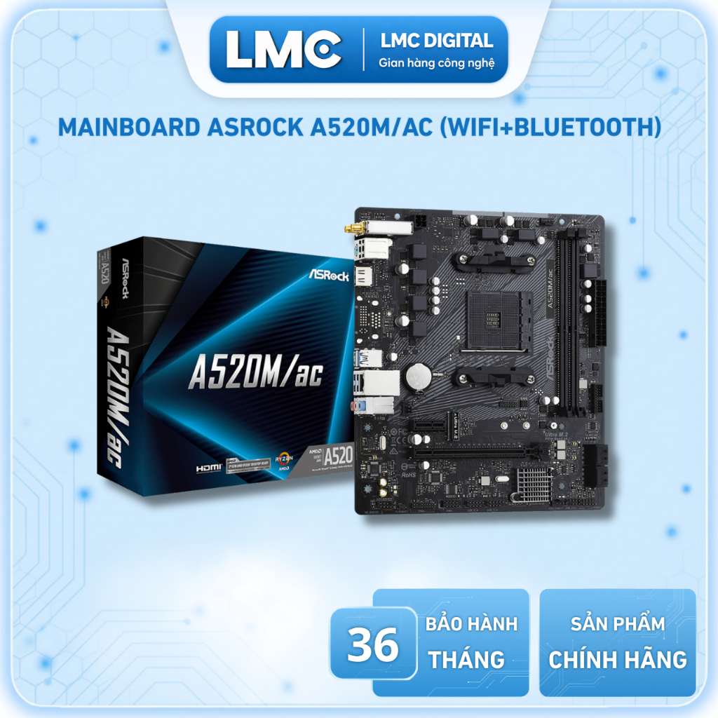 Mainboard Asrock A520M/ac ( WIFI - Bluetooth - AM4 - mATX - 2x DDR4 )
