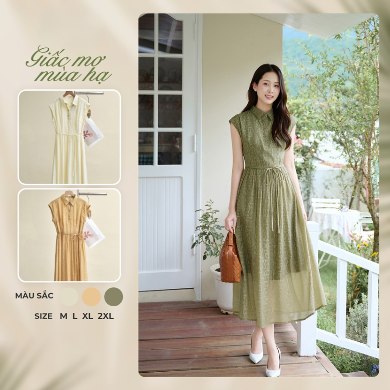 Đầm Dáng Xòe LAMER FASHION Dáng Dài Vai Chờm Nơ Eo Công Sở L63L26H015