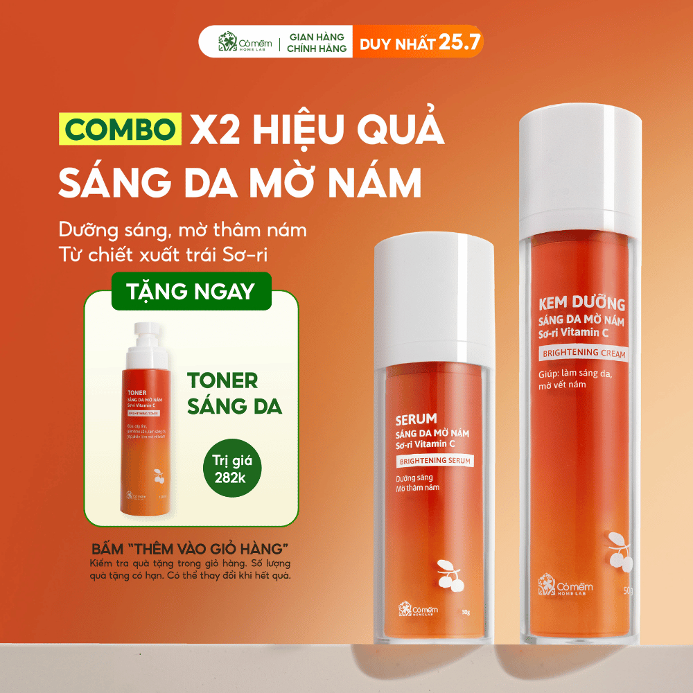 Bộ đôi serum kem dưỡng Vitamin C dưỡng sáng da mờ thâm nám tàn nhang từ trái Sơ-ri Cỏ Mềm