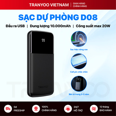 Sạc Dự Phòng TRANYOO T-D08 10000mAh Sạc Cùng Lúc 2 Thiết Bị Màn Hình Led Hiển Thị Pin Dùng Cực Bền