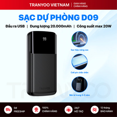 Sạc Dự Phòng TRANYOO T-D09 20000mAh Sạc Cùng Lúc 2 Thiết Bị Màn Hình Led Hiển Thị Pin Dùng Cực Bền
