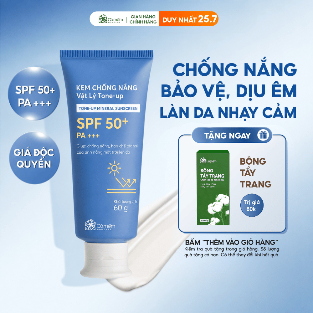 Kem Chống Nắng Vật Lý Nâng Tone SPF50+ PA+++ Tone Up Dưỡng Sáng Cho Da Nhạy Cảm Cỏ Mềm 60g