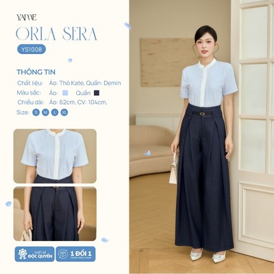 Set Nữ Thiết Kế YAME Công Sở Áo Sơ Mi Cổ Tàu & Quần Ống Suông Cạp Cao, Xếp Ly, Set Công Sở Thanh Lịch  - ORLA YS1008