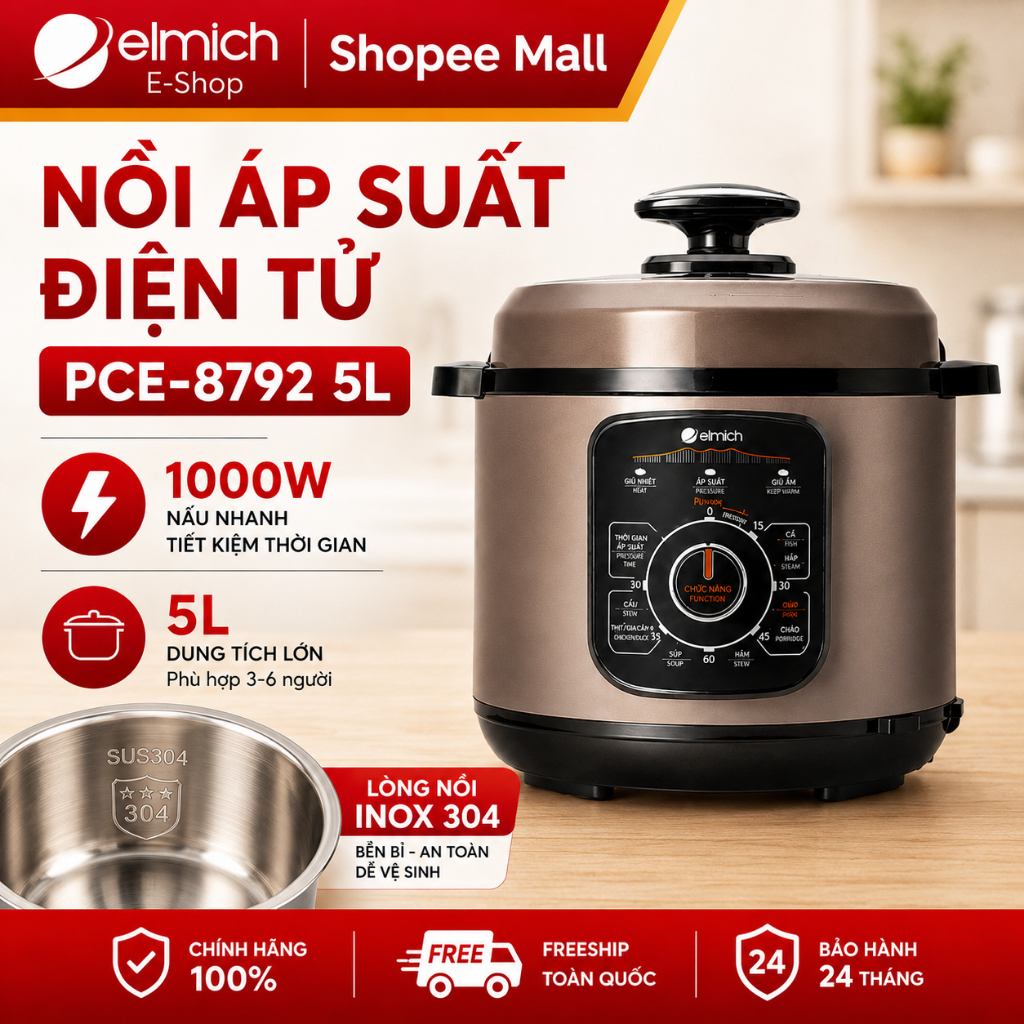 Nồi Áp Suất Điện Elmich PCE-8792 | 5L, 1000W, Lòng Inox 304 – Elmich Chính Hãng