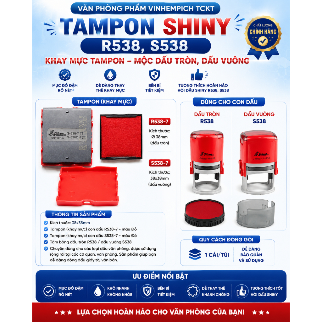Tampon Shiny R538, S538 Khay Mực Tampon Mộc Dấu Tròn, Dấu Vuông