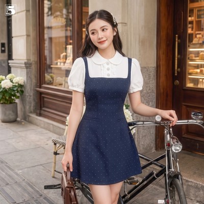 Đầm ngắn tay Twentyfive vải jeans mềm đính đá, cổ sen tay bồng phong cách tiểu thư DH161
