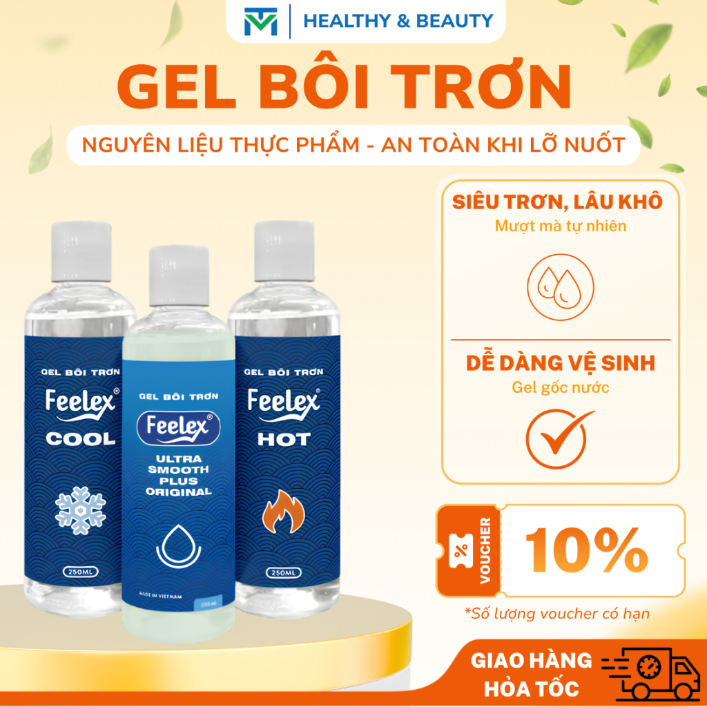 Gel bôi trơn Feelex siêu trơn, lâu khô, cảm giác ấm, lạnh, nhiều mùi hương - chai 250ml