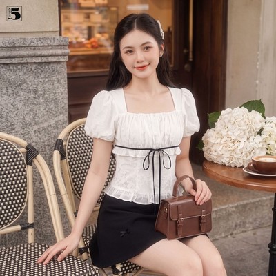 Áo kiểu nữ ngắn tay Twentyfive dáng ôm cổ vuông tay bồng phối nơ ngực tiểu thư AL75