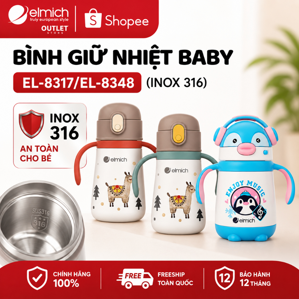 Bình Giữ Nhiệt Cho Bé Elmich Baby EL-8317 / EL-8348 | Bình Nước Trẻ Em INOX 316, Elmich Chính Hãng