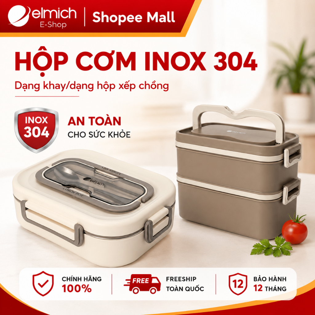 Hộp Cơm INOX 304 Elmich Dung Tích 1L - 2L | Hộp Đựng Cơm Văn Phòng Elmich Chính Hãng