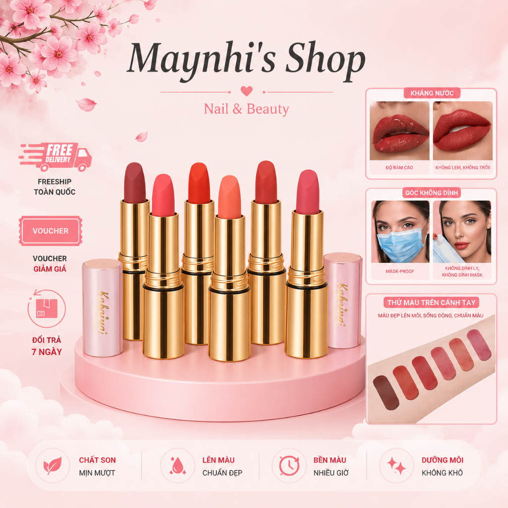 Son môi Kabeina dạng lì Chống Nước, Bền Màu, phù hợp cho phụ nữ, có 6 màu đẹp, mềm mịn