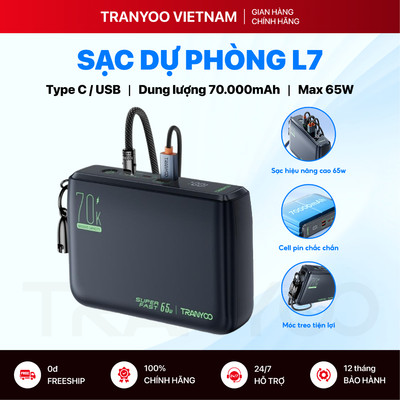 Pin Sạc Dự Phòng TRANYOO T-L7 70000mAh Công Suất Lớn 65W Tích Hợp Màn Hình Led 4 Cổng Cáp Type C