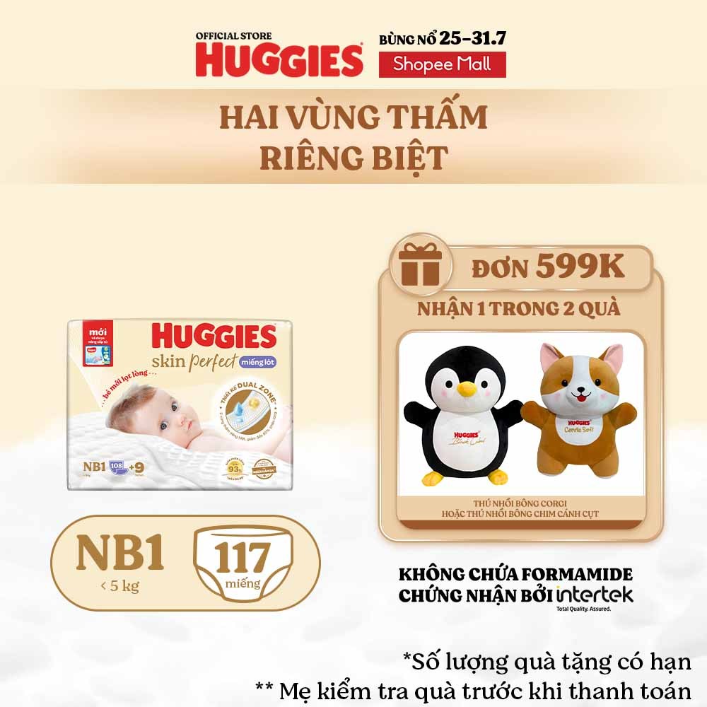 Miếng lót sơ sinh Huggies Skin Perfect NB1 108+6 miếng với 2 vùng thấm giảm kích ứng da