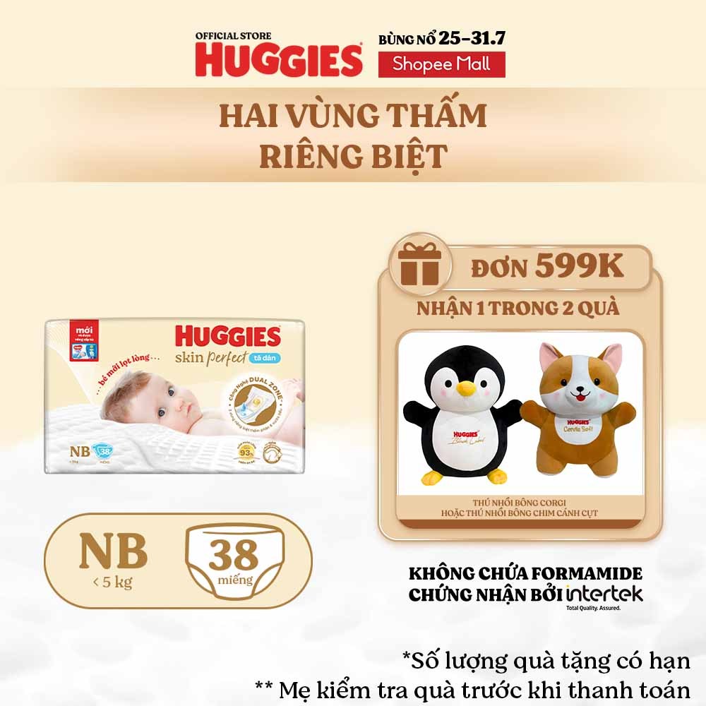 Tã/bỉm dán sơ sinh Huggies Skin Perfect NB 38 miếng với 2 vùng thấm giảm kích ứng da