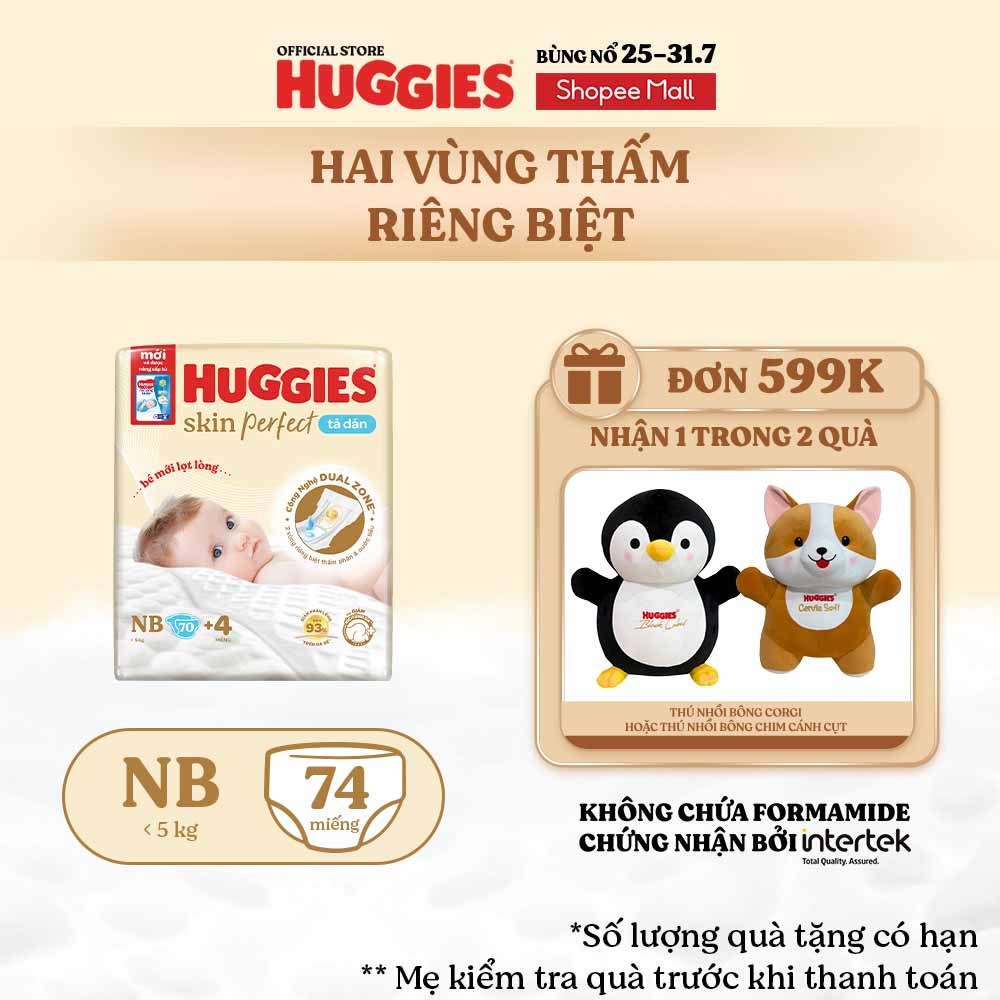 Tã/bỉm dán sơ sinh Huggies Skin Perfect NB70+miếng ngẫu nhiên với 2 vùng thấm giảm kích ứng da