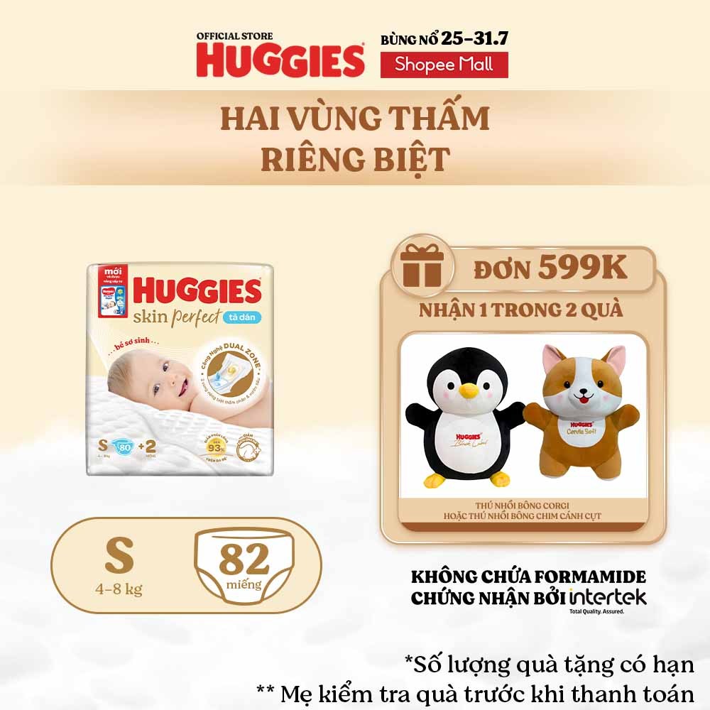 Tã/bỉm dán sơ sinh Huggies Skin Perfect S 80+2 miếng với 2 vùng thấm giảm kích ứng da