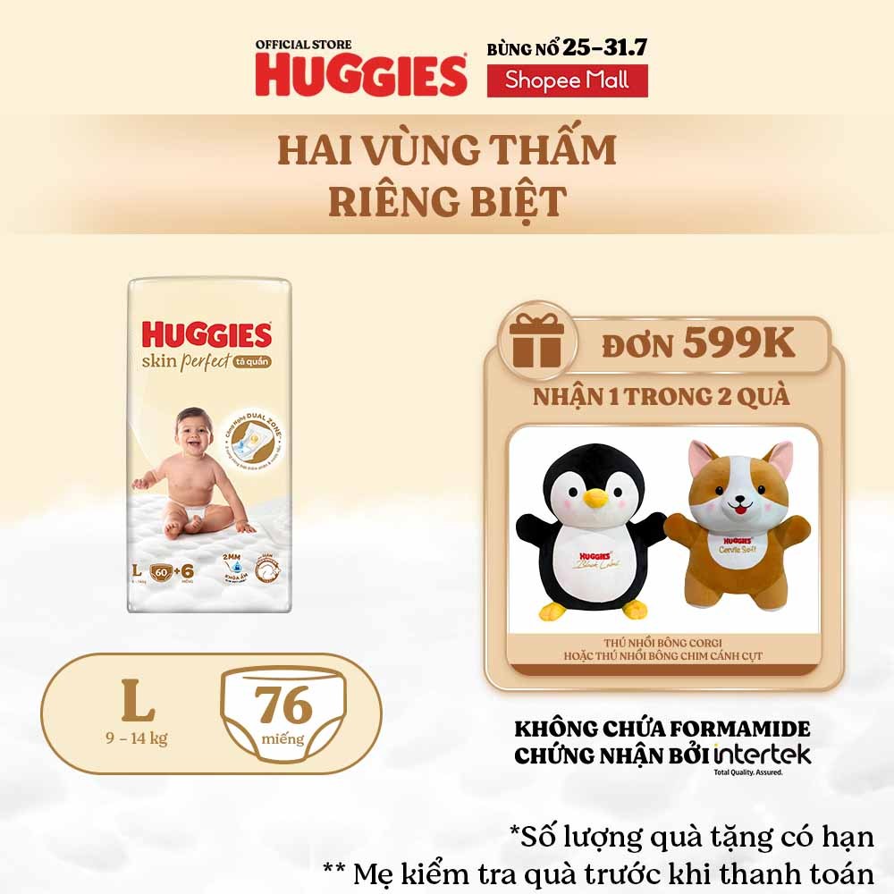 Tã quần Huggies Skin Perfect Super Jumbo M70+2/ L60+2/ XL52+6/ XXL48+6 với 2 vùng thấm giảm kích ứng
