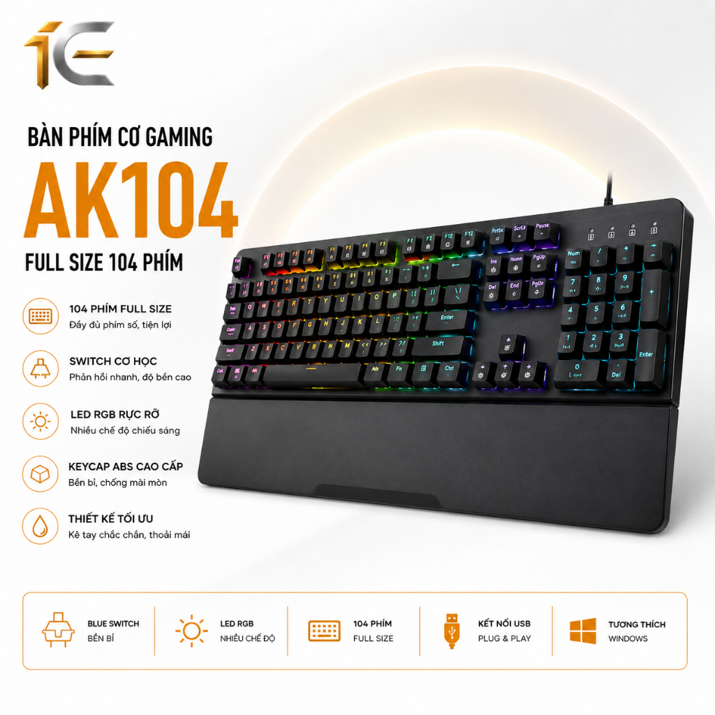 BÀN PHÍM CƠ GAMING AK104 | FULL SIZE 104 PHÍM | LED RGB | HOTSWAP | TẶNG KÊ TAY
