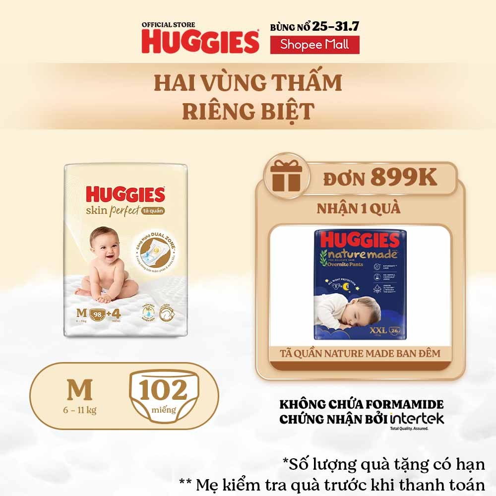 Tã quần Huggies Skin Perfect Mega Jumbo M98/ L88/XL72+4/XXL64+4 2 vùng thấm giảm kích ứng da
