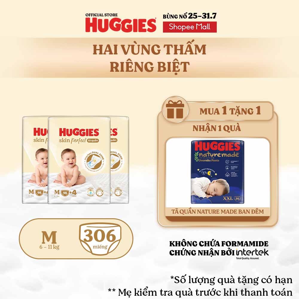 Combo 3 Tã quần Huggies Skin Perfect Mega Jumbo M98/ L88/ XL72/ XXL64 2 vùng thấm giảm kích ứng da