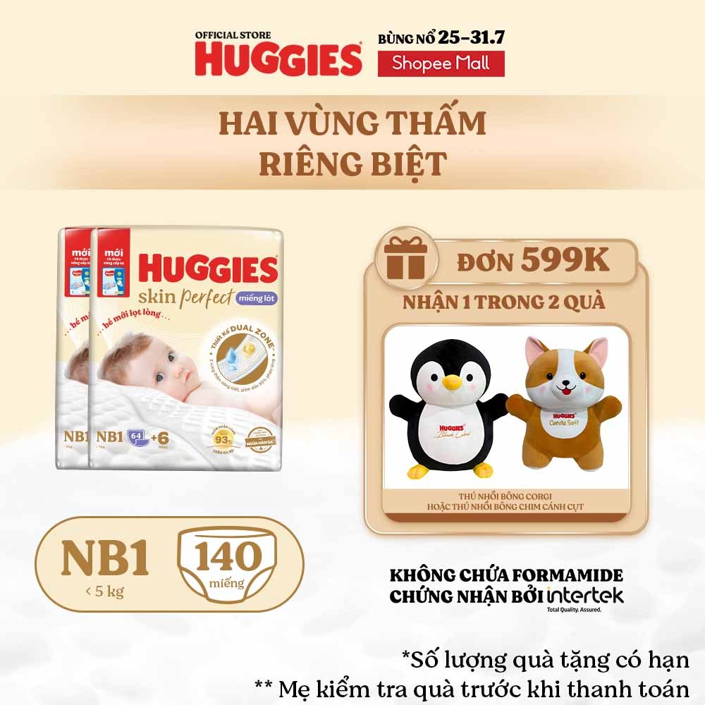 Combo 2 Miếng lót sơ sinh Huggies Skin Perfect NB1 64+4 miếng với 2 vùng thấm giảm kích ứng da