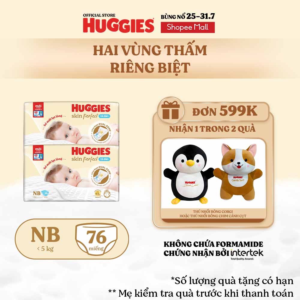 Combo 2 Tã/bỉm dán sơ sinh Huggies Skin Perfect NB 38 miếng với 2 vùng thấm giảm kích ứng da