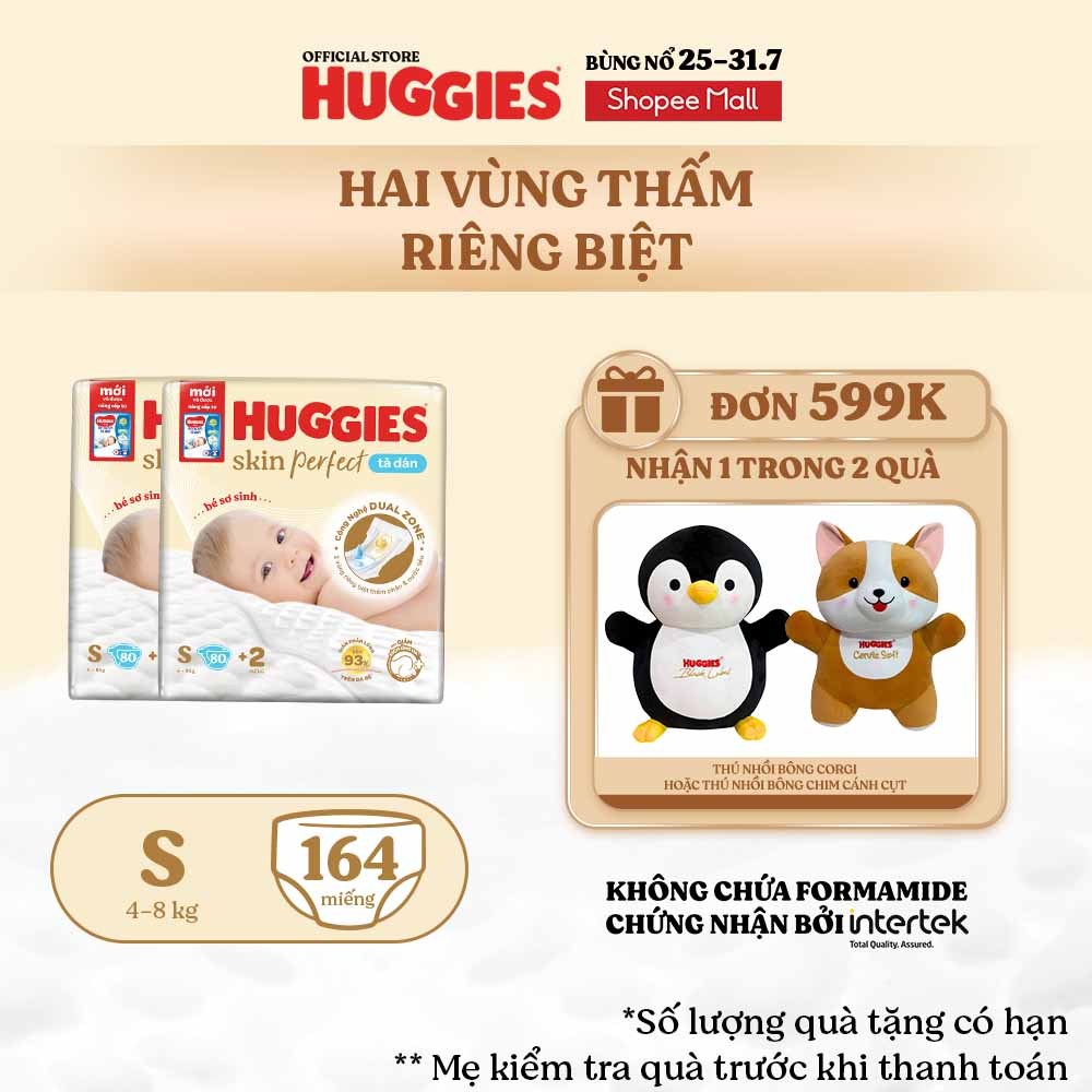 Combo 2 Tã/bỉm dán sơ sinh Huggies Skin Perfect S 80+2 miếng với 2 vùng thấm giảm kích ứng da