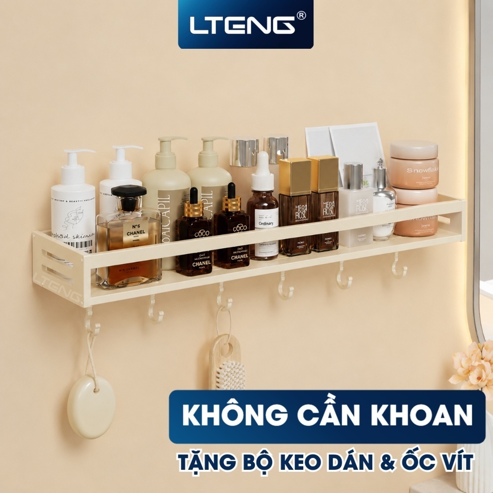 Kệ ngang nhôm trắng LTENG/ dán tường trắng sữa đa năng - Kệ+Móc/ 60cm Sữa