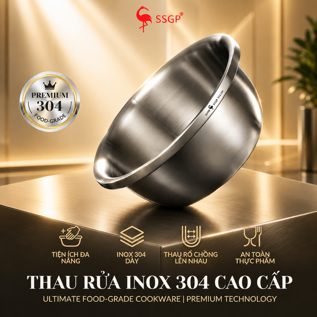Thau Inox 304 Cao Cấp SSGP, Chậu Rửa Inox Frankfurt, Chậu Inox, Thau Rổ Inox 30cm Thau rổ inox lớn