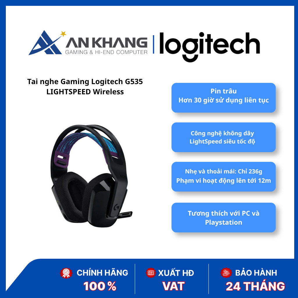 Tai nghe Gaming Logitech G535 LIGHTSPEED Wireless pin 33h chính hãng
