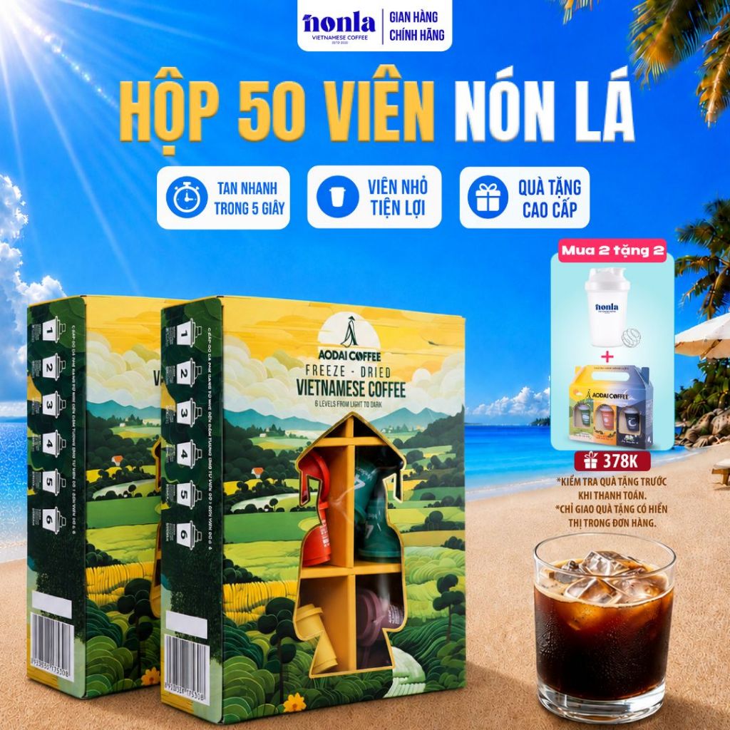 Combo 2 Hộp 50 Viên Cà Phê Hòa Tan Sấy Thăng Hoa AODAI COFFEE 6 Cấp Độ