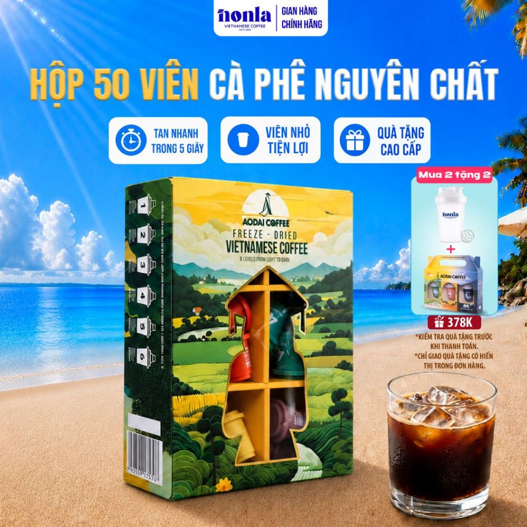 Hộp 50 Viên Cà Phê Hòa Tan Sấy Thăng Hoa Nguyên Chất AODAI COFFEE Từ Hạt Cafe Robusta - 6 Cấp Độ Vị