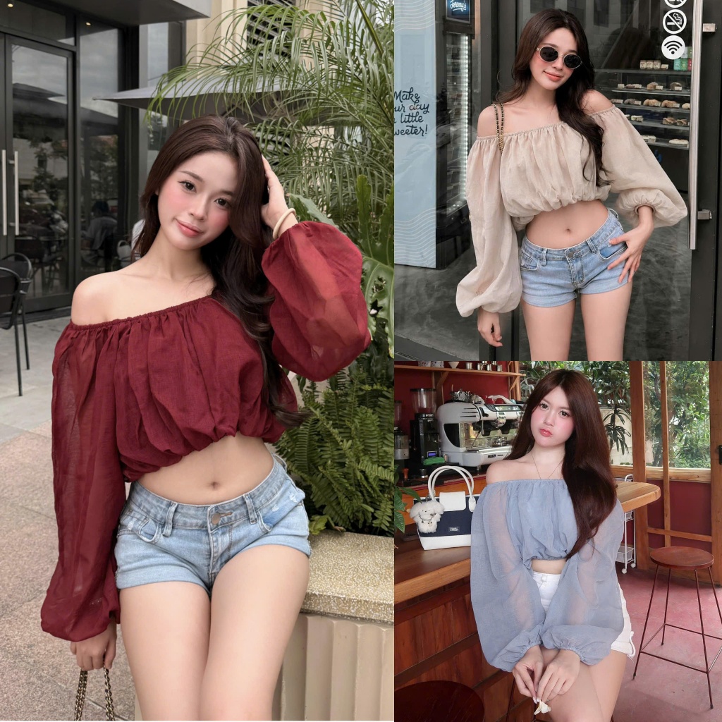 SUXING | Áo Trễ Vai Tay Phồng Dáng Croptop Form Bí Xinh Xắn - S337