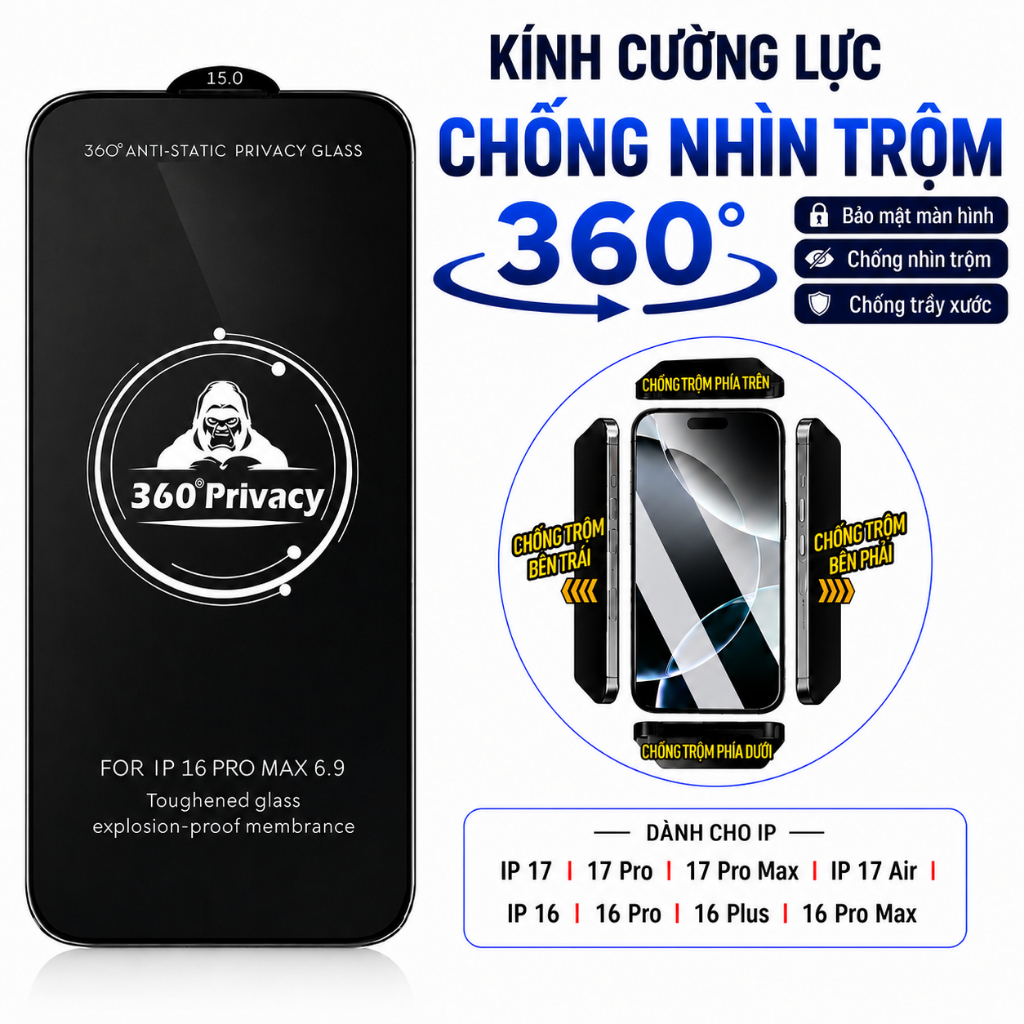 Kính cường lực chống nhìn trộm 360 độ cho IP 17 17 Pro 17 Pro Max IP 17 Air IP 16 16 Pro 16 Plus 16 