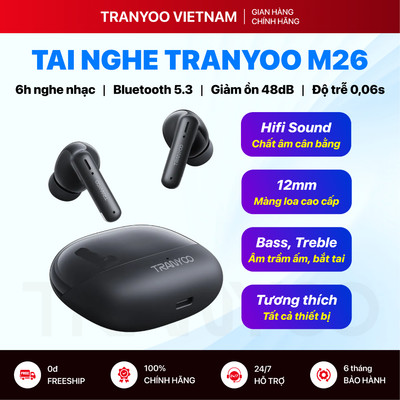 Tai Nghe Bluetooth TRANYOO T-M26 Chống Ồn Lên Đến 48dB Kháng Nước Chơi Game Nghe Nhạc 6 Tiếng