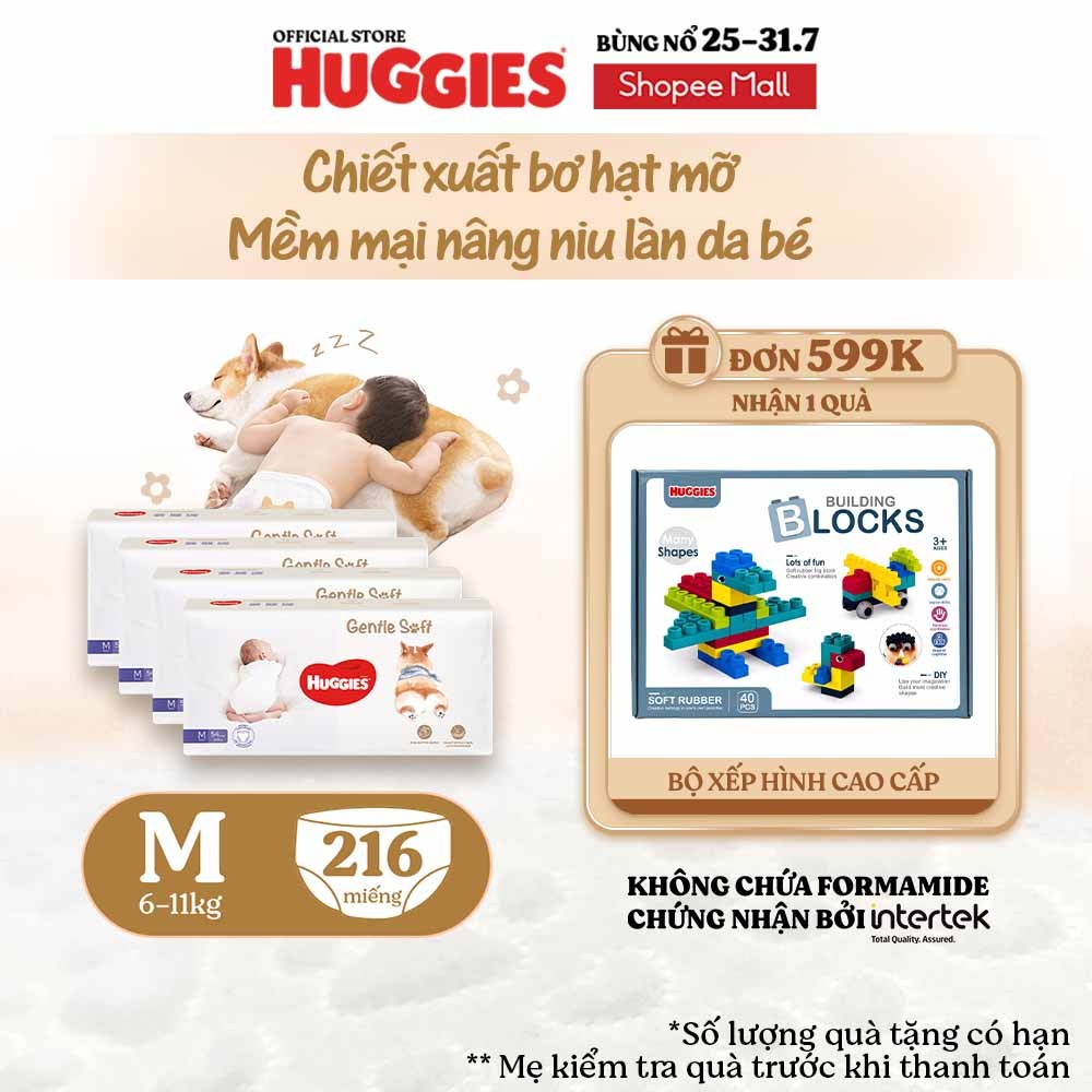 Combo 4 Tã quần Huggies Gentle Soft - Corgi M54/L40/XL34/XXL22 miếng êm mềm chiết xuất bơ hạt mỡ