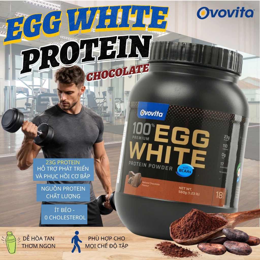 Bột Protein Lòng Trắng Trứng Chocolate Ovovita Hũ 560g -23g Dễ Hòa Tan Hỗ Trợ Tăng Cơ Tập Gym