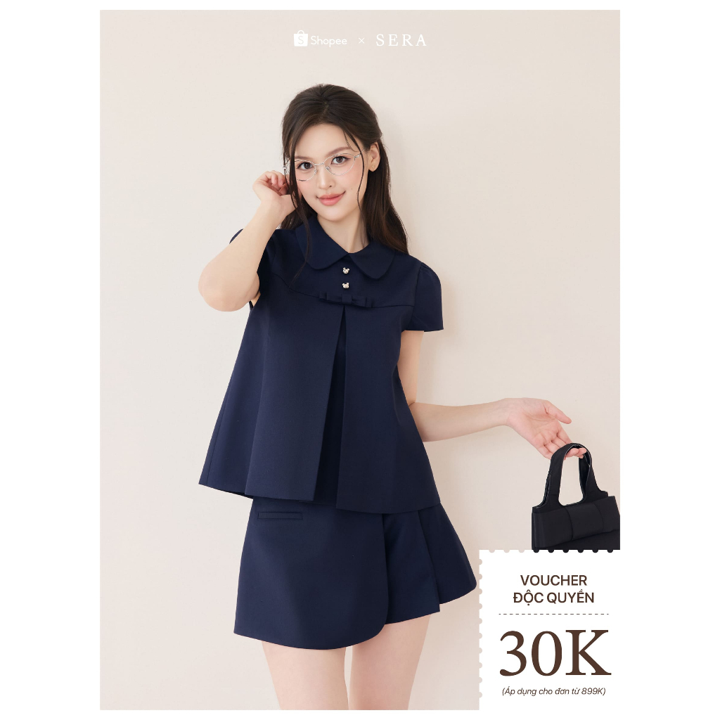 SERA - Set áo cổ sen tay hến đính nơ và quần giả váy xếp ly JIMMY